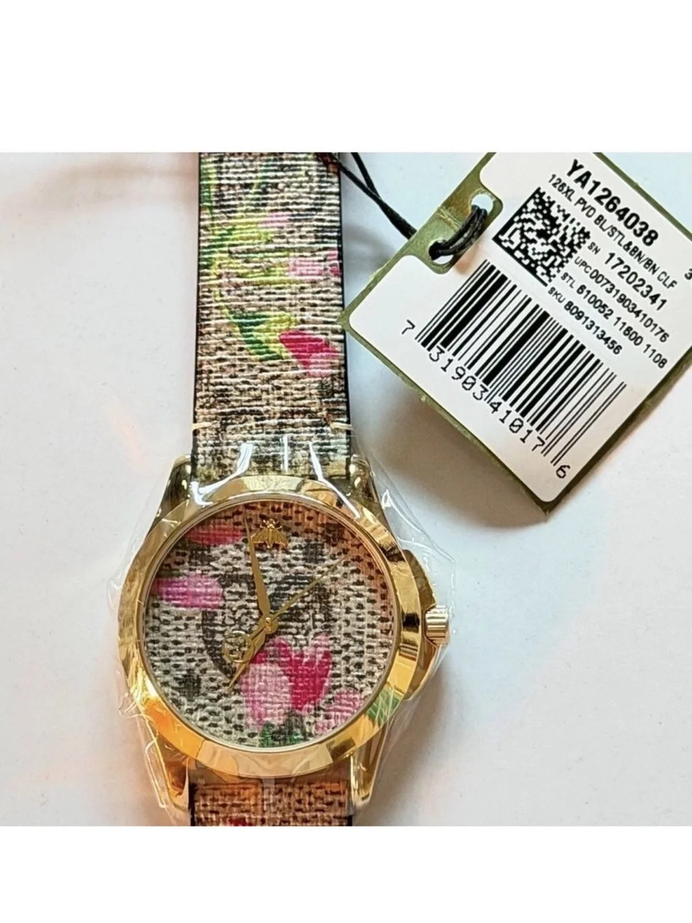 NWT Full Set Gucci G-Timeless YA1264038 Unisex Canvas Floral Gold 38mm⁠